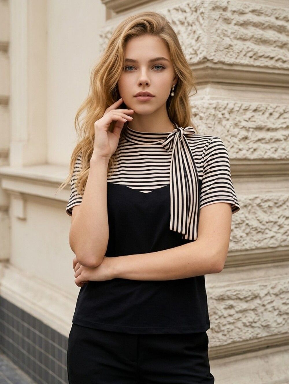 Diana Belle Bow Tie Blouse Small Black Stripe Career Office Short Sleeve Top